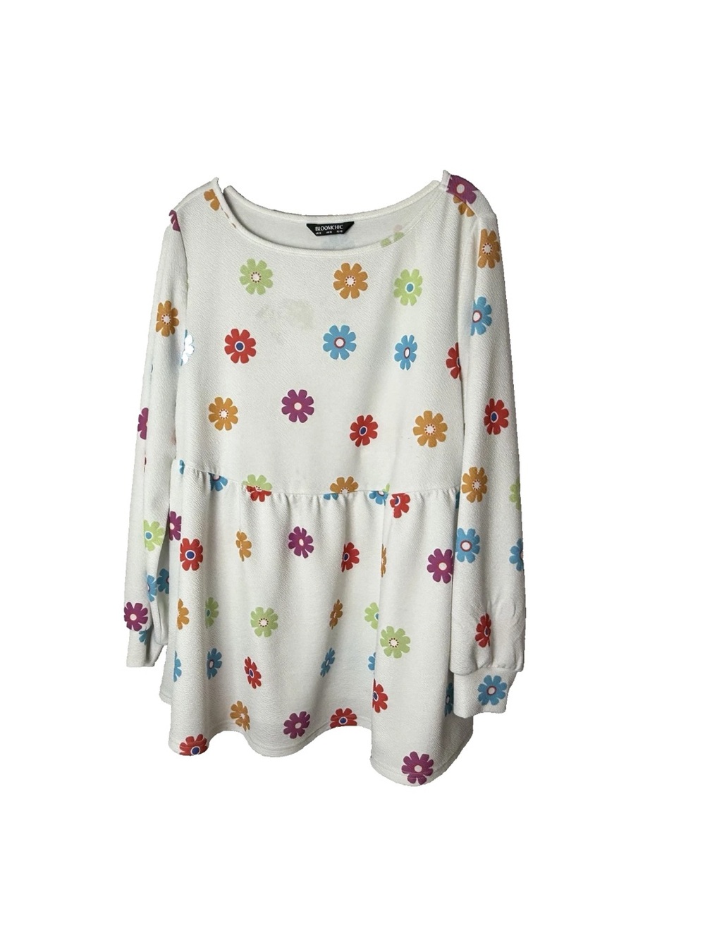 Bloomchic Top Size 12 Large Long Sleeves Floral White Blue Purple Red Gold Green